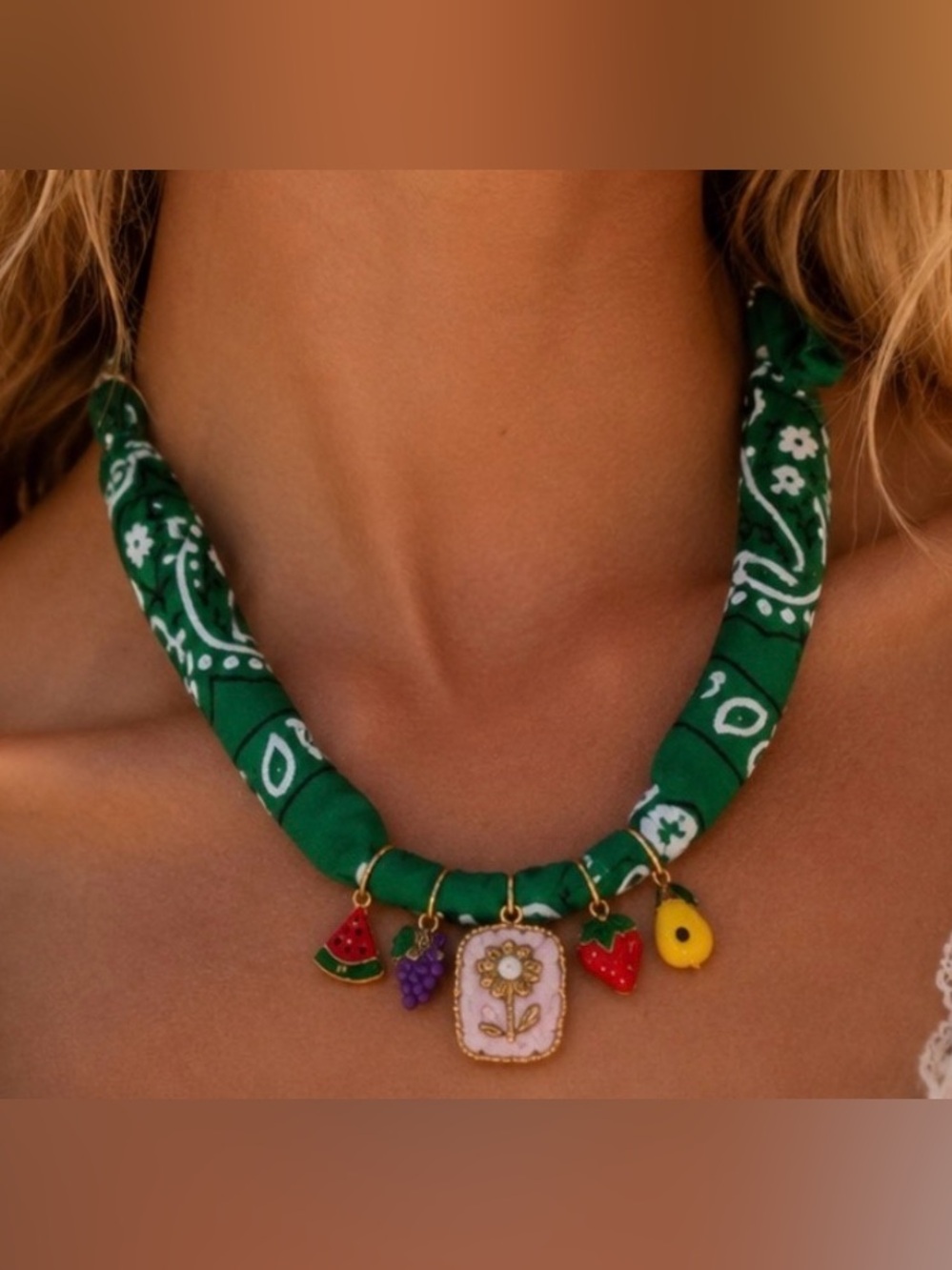 Mayamar Green Bandana Necklace with Enamel Fruit Charms